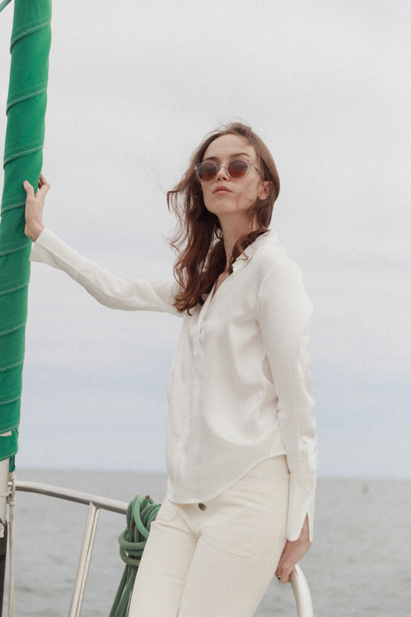Daria French Cuff Silk Blouse in White | CG DESIGN, LLC..