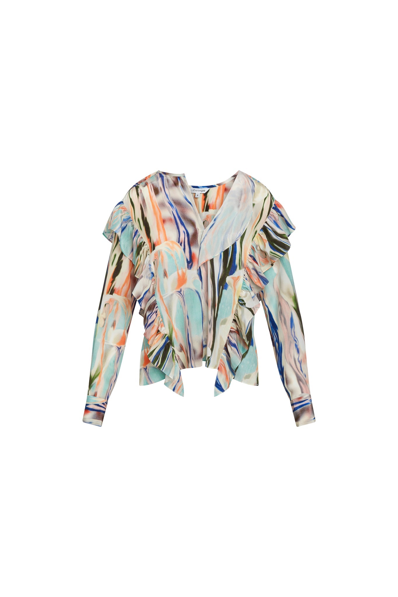 Catherine Gee Bella - Abstract Orchid blouse features a vibrant, multicolored abstract design with shades of blue, green, orange, and white. It has long sleeves, a V-neckline, and ruffled details along the front and shoulders, creating a stylish and dynamic look.