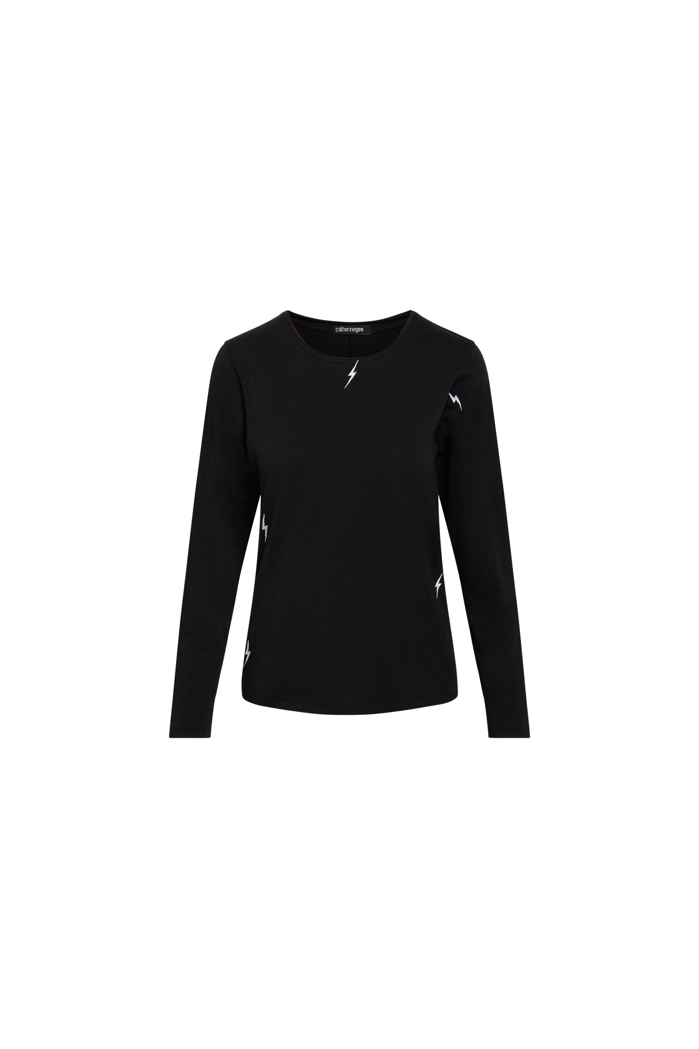 Catherine Gee Embroidered Cotton black Bolt long-sleeved t-shirt features a simple yet stylish design with small, white lightning bolt embroidery scattered across the front and sleeves. The shirt has a round neckline and a relaxed fit, making it both comfortable and fashionable. The lightning bolt details add a unique and edgy touch to the classic black t-shirt.