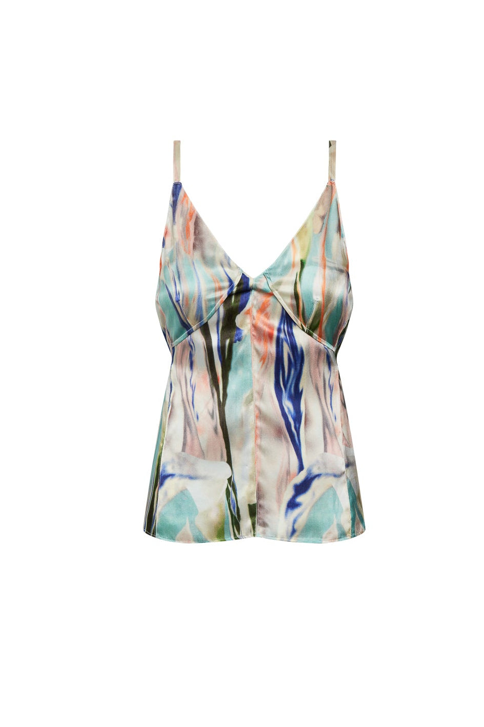 A Catherine Gee Catherine Tank - Abstract Orchid. The tank top features a V-neckline with thin shoulder straps and a loose, flowy fit. The fabric showcases a vibrant, abstract pattern with shades of blue, green, orange, and white, resembling an artistic floral design.