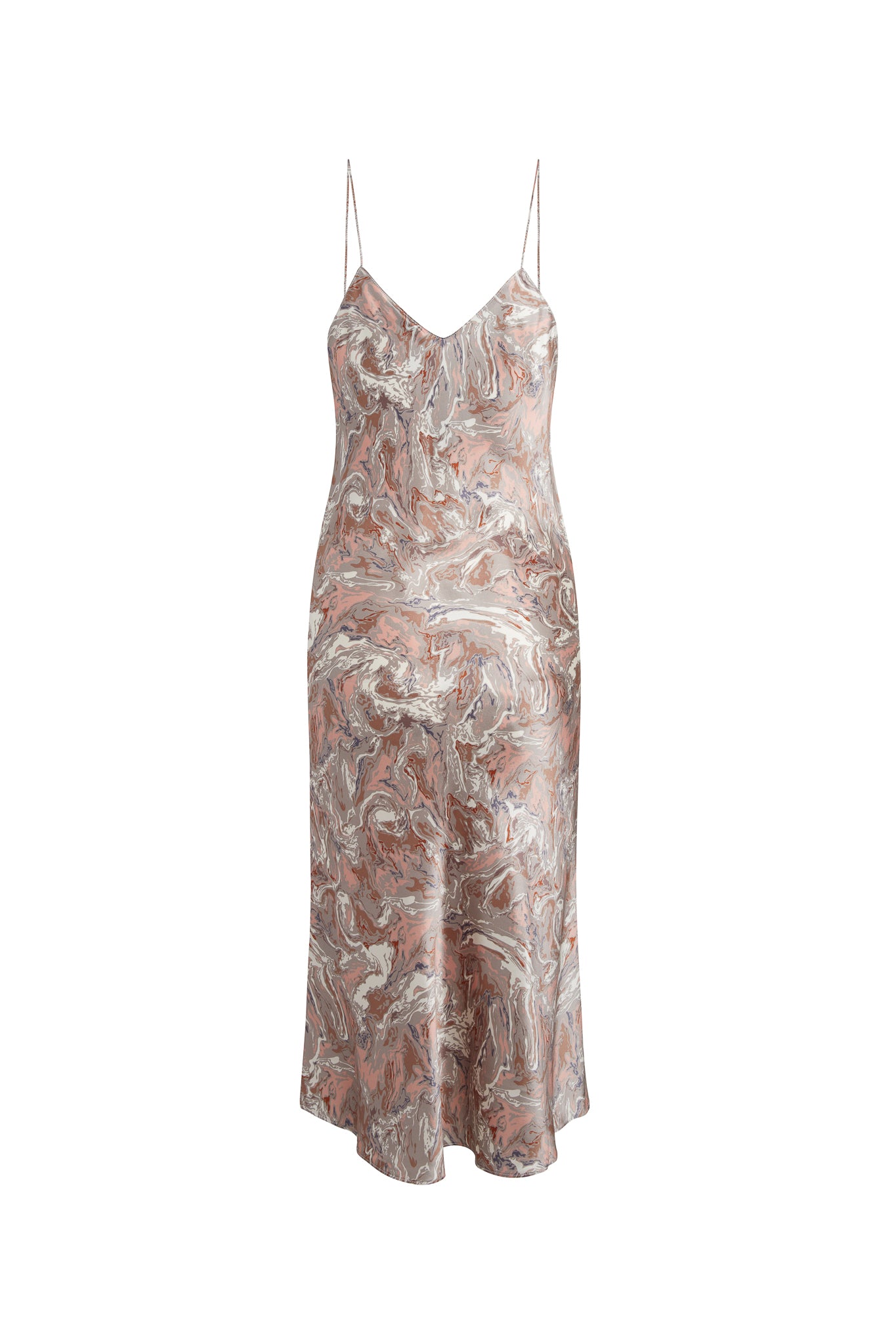 A Catherine Gee Paris Paint - Celeste Cowl Back Slip dress sleeveless featuring a marbled pattern in shades of pink, beige, brown, and white. The dress has thin spaghetti straps and a flowing silhouette, creating an elegant and sophisticated look.