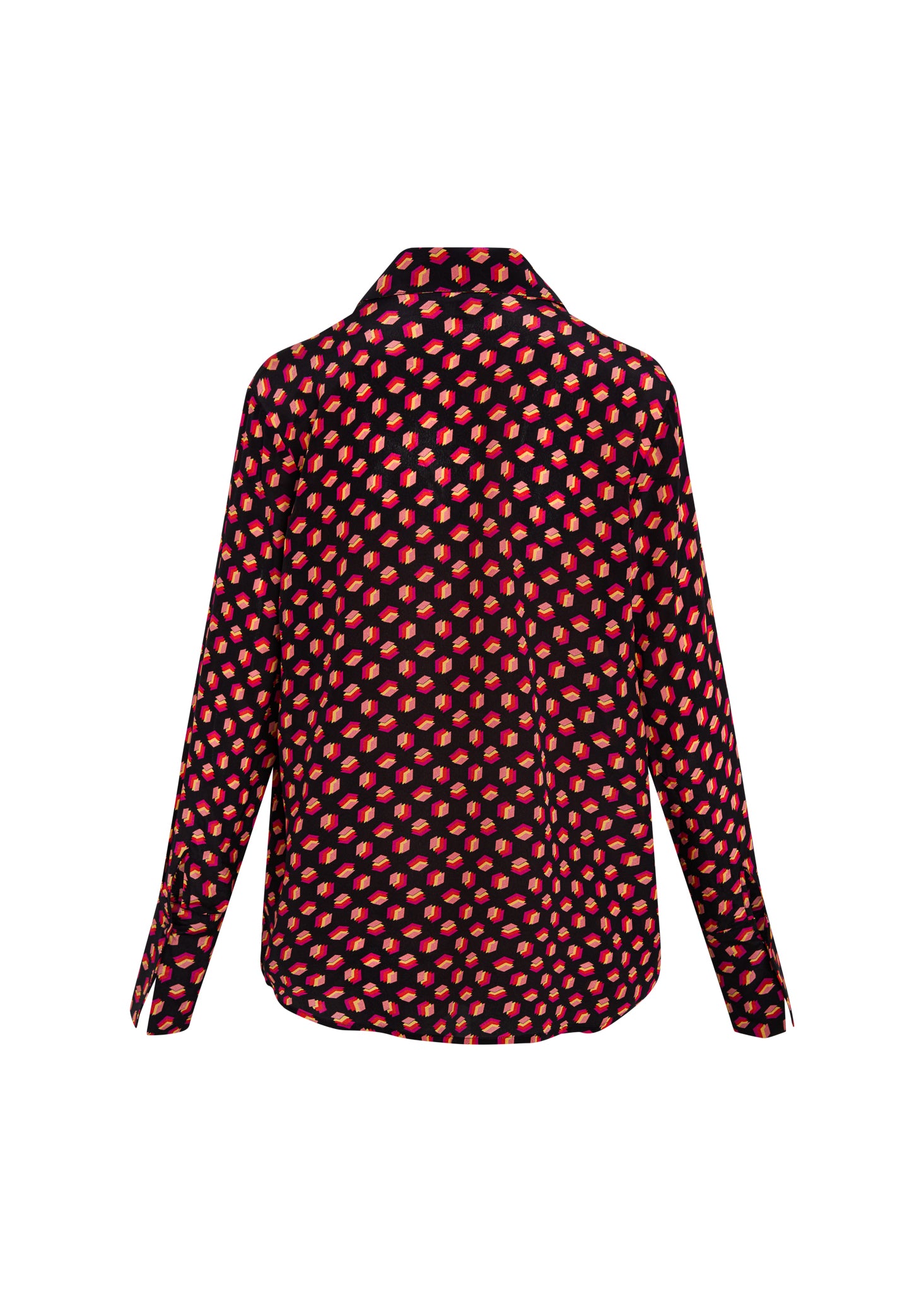Back-view of a Catherine Gee Daria French Cuff Silk-Libros Print blouse features a dark background with a pattern of small, red, book-like shapes, long sleeves, and a classic collar.