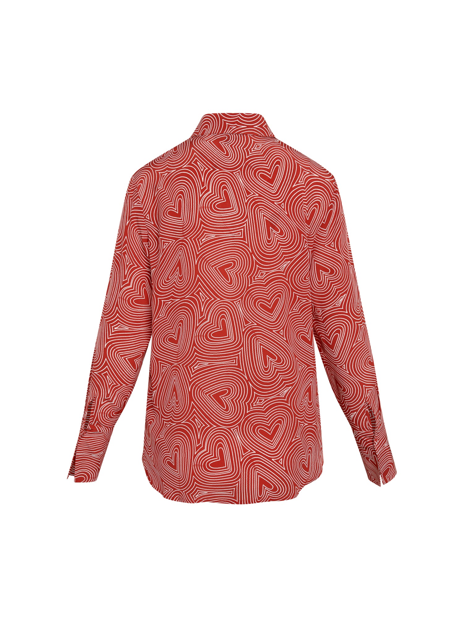 A back view of a Catherine Gee Daria French Cuff Silk Blouse - Bowie Heart. The blouse is red with a pattern of white, concentric hearts, and features long sleeves and a classic collar.
