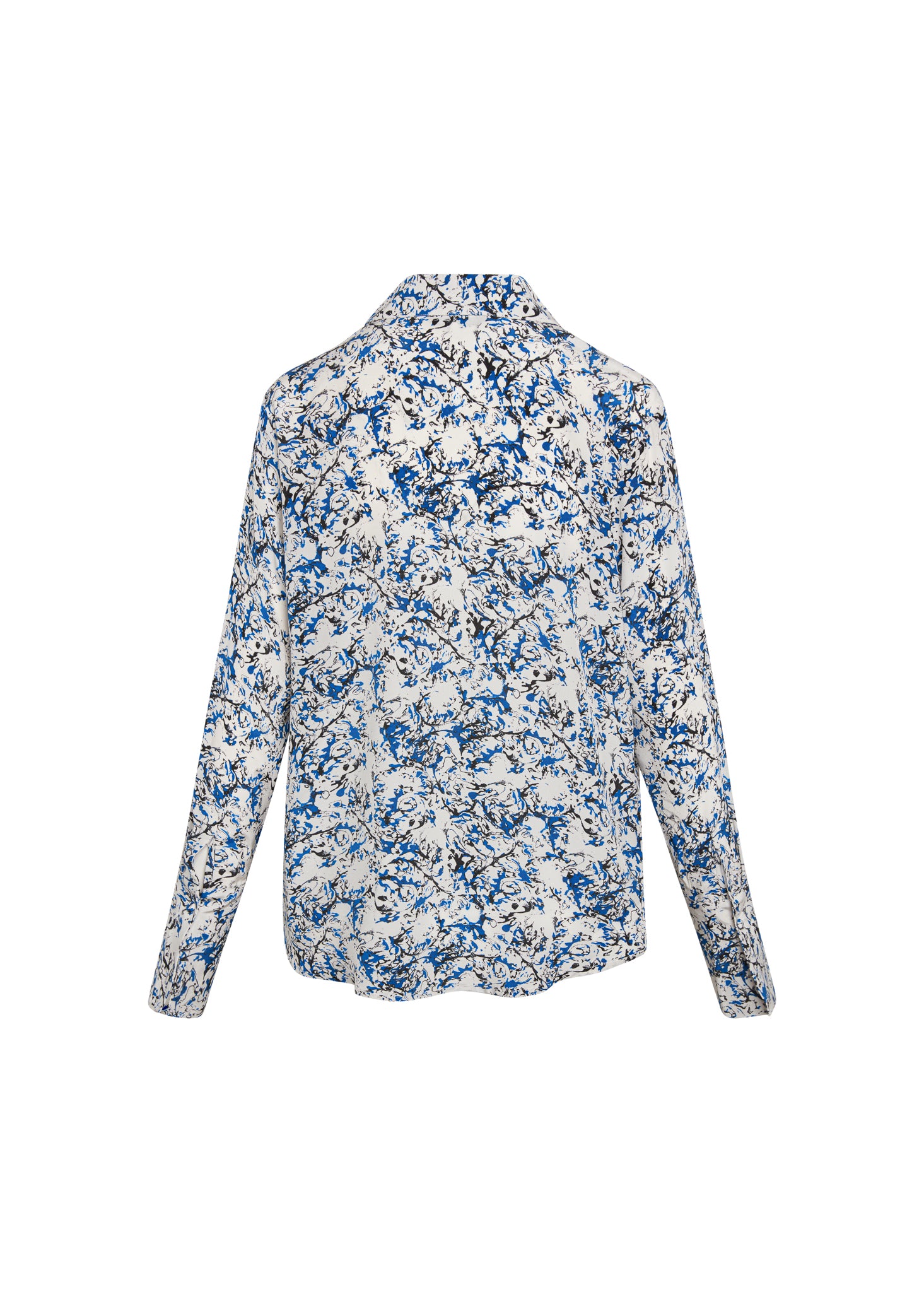 Back-view of a Catherine Gee Daria French Cuff Silk Santorini blouse features a long-sleeve design with a relaxed fit and a pointed collar. The fabric has a white base with an intricate blue and black abstract pattern, giving it a sophisticated and artistic look. The blouse is made of silk, which adds a luxurious and elegant touch to the overall design.