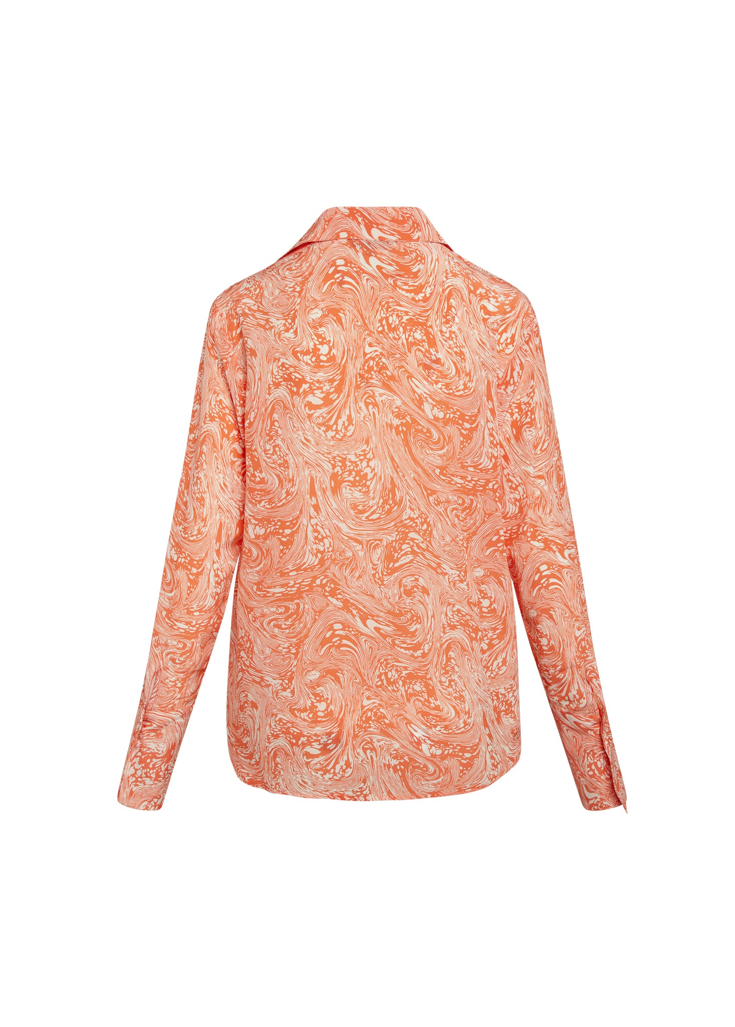 Back-view of a Catherine Gee Daria French Cuff Silk Sorbet Swirl blouse features a vibrant orange and white swirl pattern, giving it a dynamic and eye-catching appearance. It has long sleeves with French cuffs and a classic collar. The silk fabric adds a luxurious and elegant touch, making it suitable for both casual and formal occasions. The design is both stylish and sophisticated, highlighting the brand's attention to detail and quality.