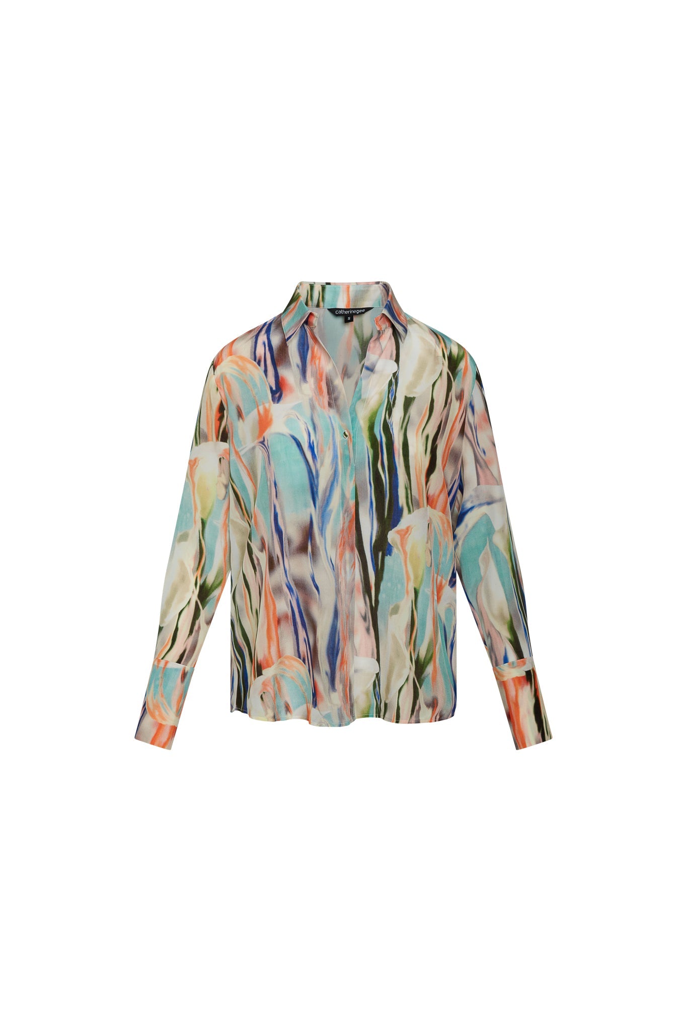 Catherine Gee Daria French Cuff Silk Abstract Orchid blouse features a vibrant mix of colors including green, blue, orange, pink, and black, with a fluid, artistic design resembling abstract brush strokes. It has a classic collar, long sleeves, and French cuffs.