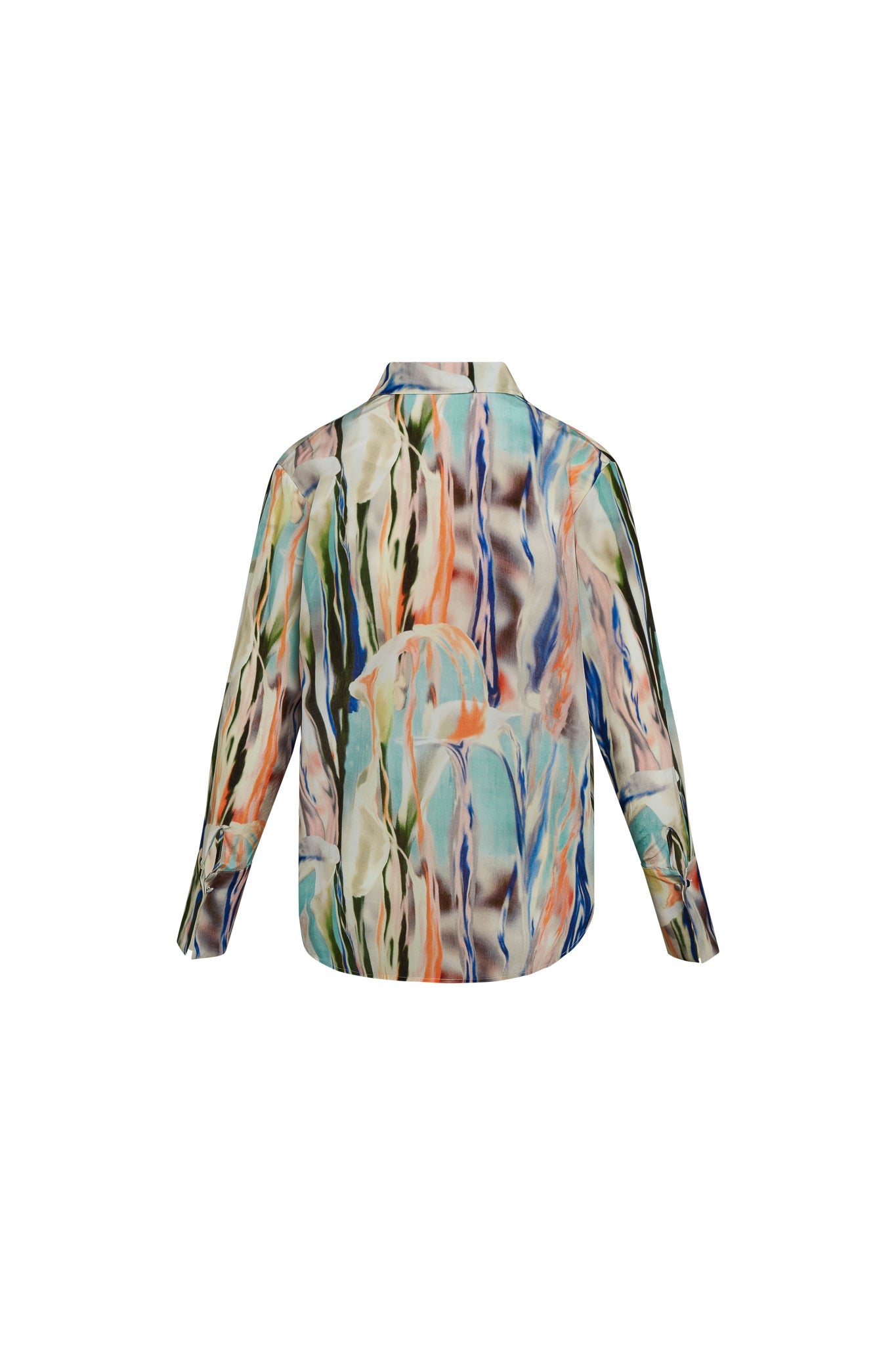Back view of Catherine Gee Daria French Cuff Silk Blouse in Abstract Orchid pattern, featuring a colorful, abstract design with shades of green, blue, orange, pink, and black. The blouse has long sleeves with French cuffs and a classic collar.