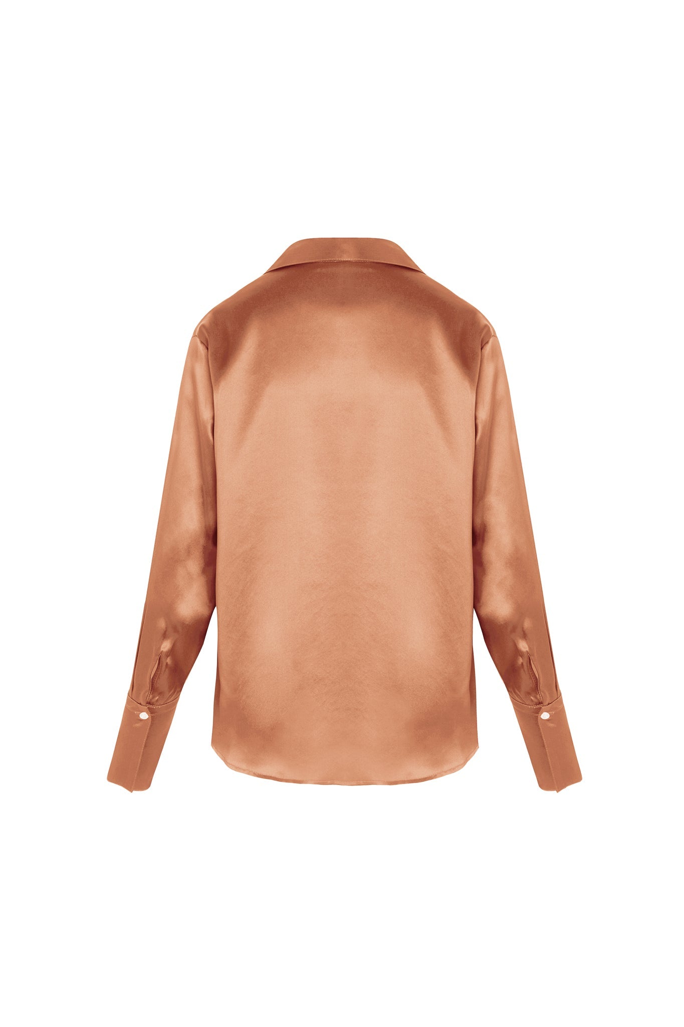 Back-view of a Catherine Gee Daria French Cuff Silk Bronze blouse features a smooth, shiny silk fabric with a classic collar and long sleeves with French cuffs, each cuff adorned with a single button.