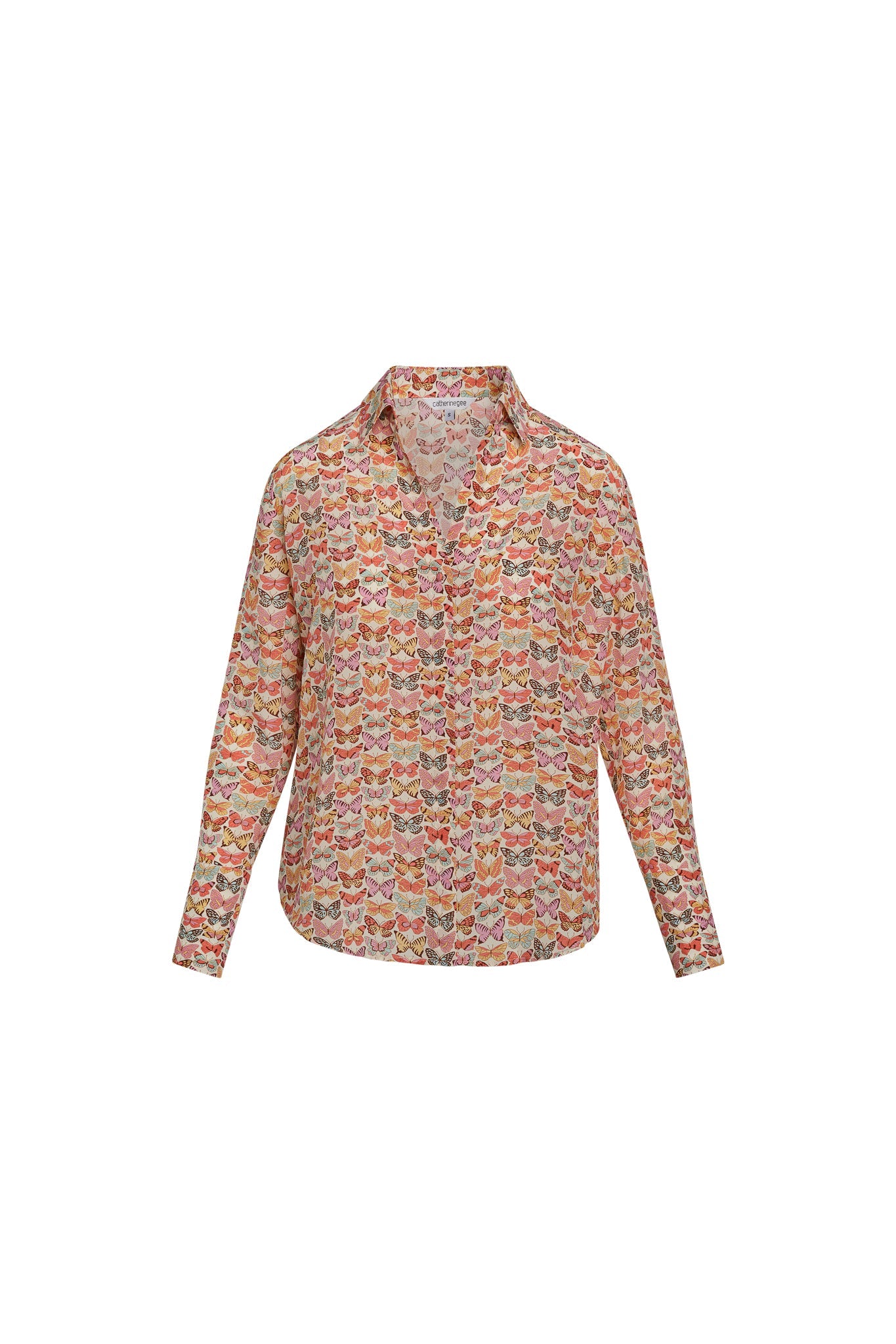 Catherine Gee Daria French Cuff Silk Classic Butterfly Blouse featuring a colorful butterfly print pattern on a long-sleeve, button-up shirt with a collar.