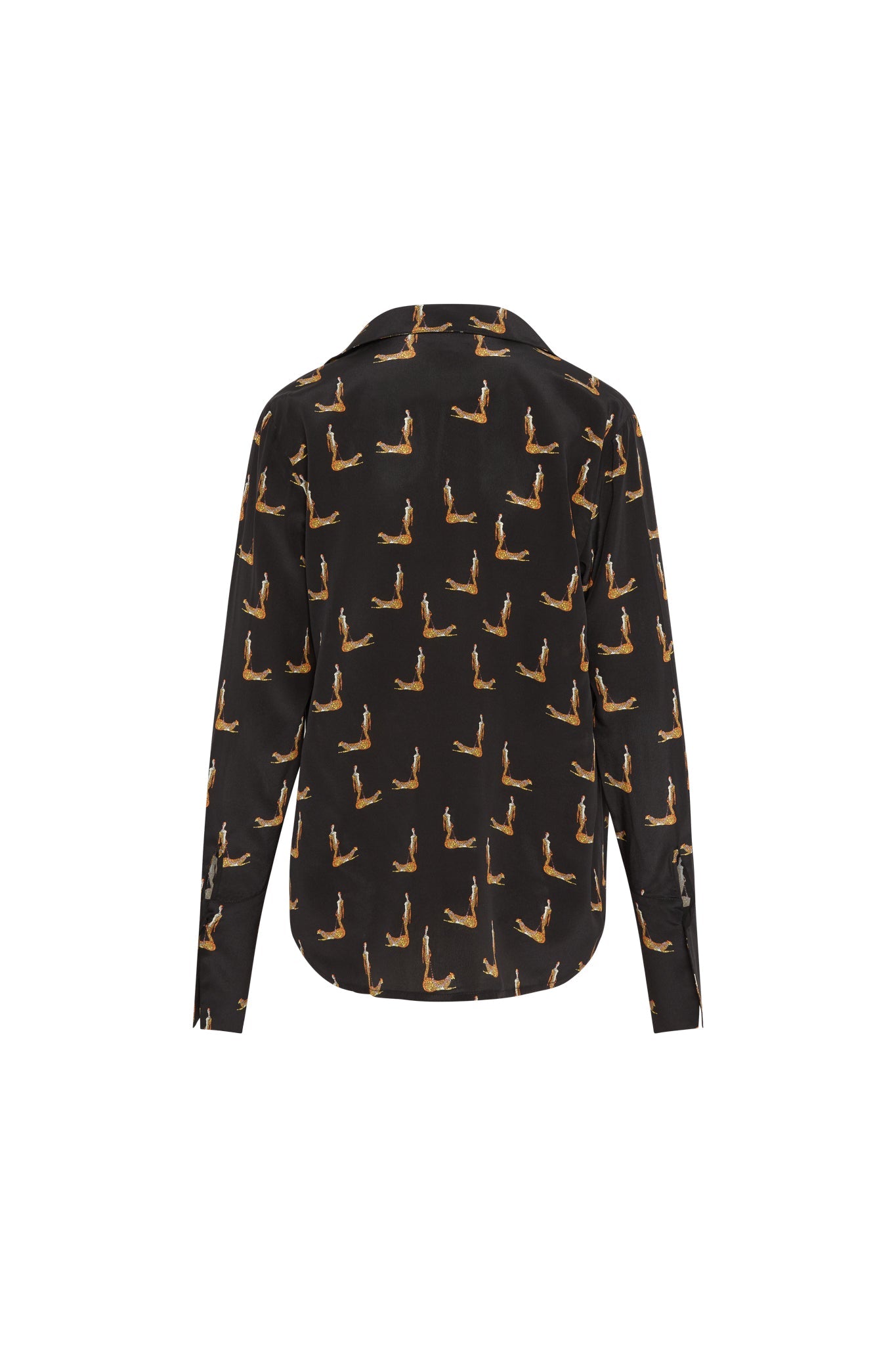 Back-view of a Catherine Gee Daria French Cuff Silk Blouse Catwoman, featuring a black silk fabric with a repeated pattern of a Catwoman figure in various poses with long sleeves, and French cuffs, designed for a chic and unique style.