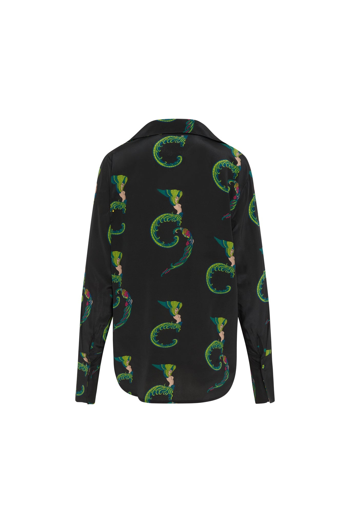 Back-view of a Catherine Gee Daria French Cuff Silk Blouse Egyptian Goddess. A black silk blouse with long sleeves and French cuffs, featuring a repeating pattern of an Egyptian goddess motif in green, blue, red, and pink colors.
