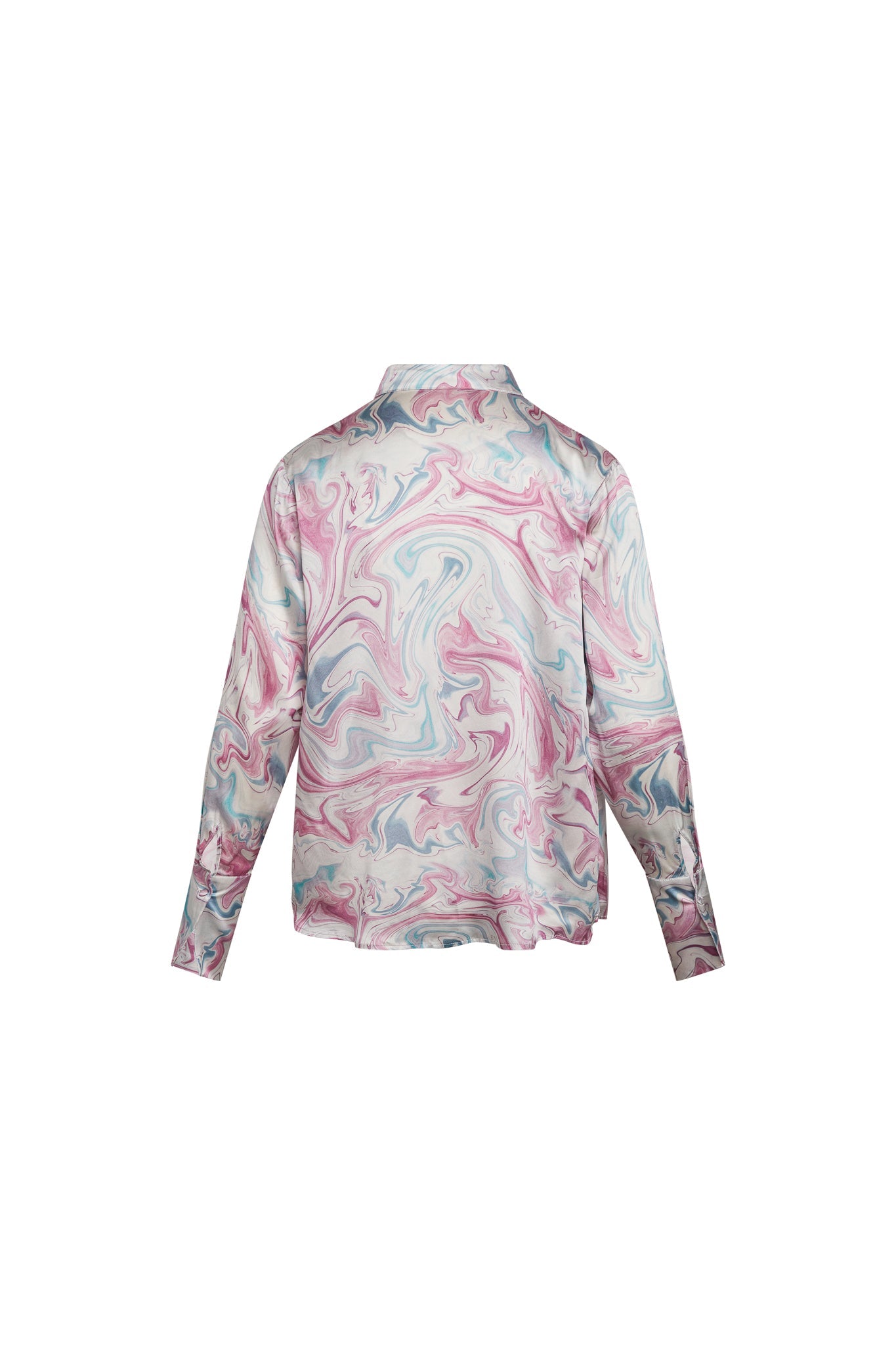 Back-view of a Catherine Gee Daria French Cuff Silk-Girl Boy Swirl blouse has a unique and eye-catching marble swirl pattern in pastel shades of pink, blue, and white, making it visually interesting and stylish. The French cuffs and classic collar add a touch of elegance to the design.