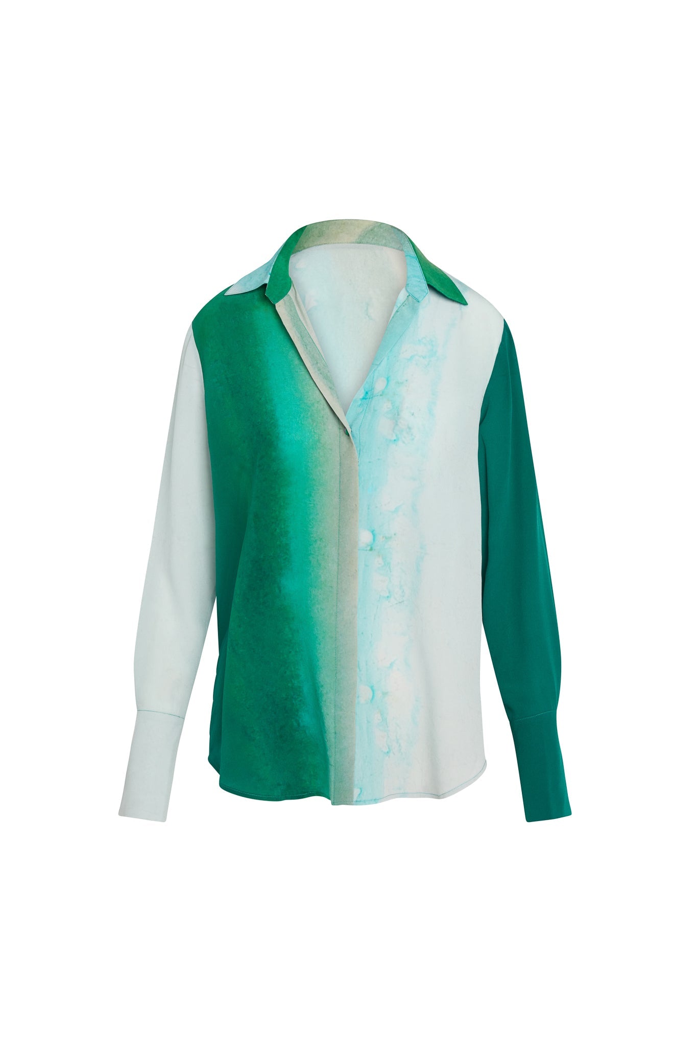 Catherine Gee Daria French Cuff Silk-King Wash blouse featuring a gradient design with shades of green and white. The blouse has a classic collar, button-down front, and long sleeves with French cuffs. The left side of the blouse is predominantly green, while the right side transitions from green to white with a watercolor effect.