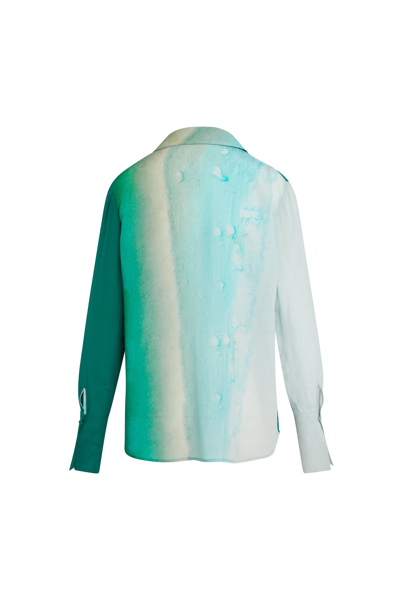 Back-view of a Catherine Gee Daria French Cuff Silk-King Wash blouse features a gradient design with shades of teal, light blue, and white. It has long sleeves with French cuffs and a classic collar.