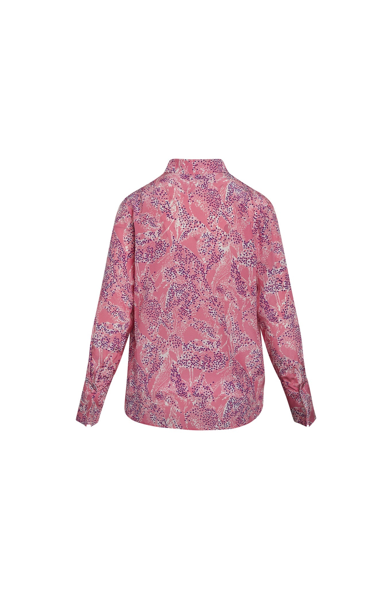 Back-view of a Catherine Gee Daria French Cuff Silk Pink Sea blouse features a vibrant pink color with an intricate sea-inspired pattern in shades of purple and white. It has long sleeves with French cuffs and a classic collar and appears to be lightweight and silky, giving it a luxurious and elegant look. The design is both stylish and sophisticated, making it a standout piece for various occasions.