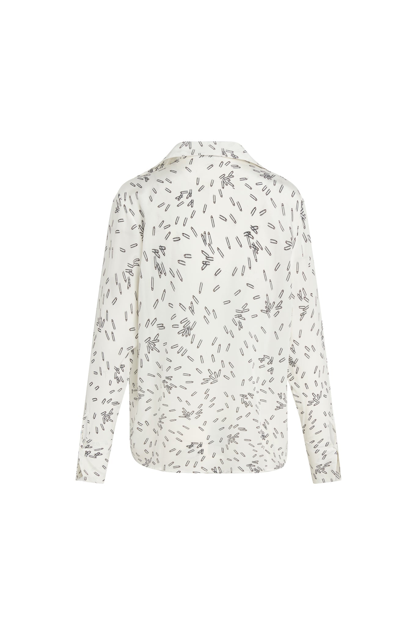 Back-view of a Catherine Gee Daria French Cuff Silk Pin blouse features white with a scattered black pin pattern throughout, long sleeves, and a collar. The fabric appears to be lightweight and silky, giving it a smooth and elegant look. The design is minimalistic yet stylish, making it suitable for both casual and formal occasions.