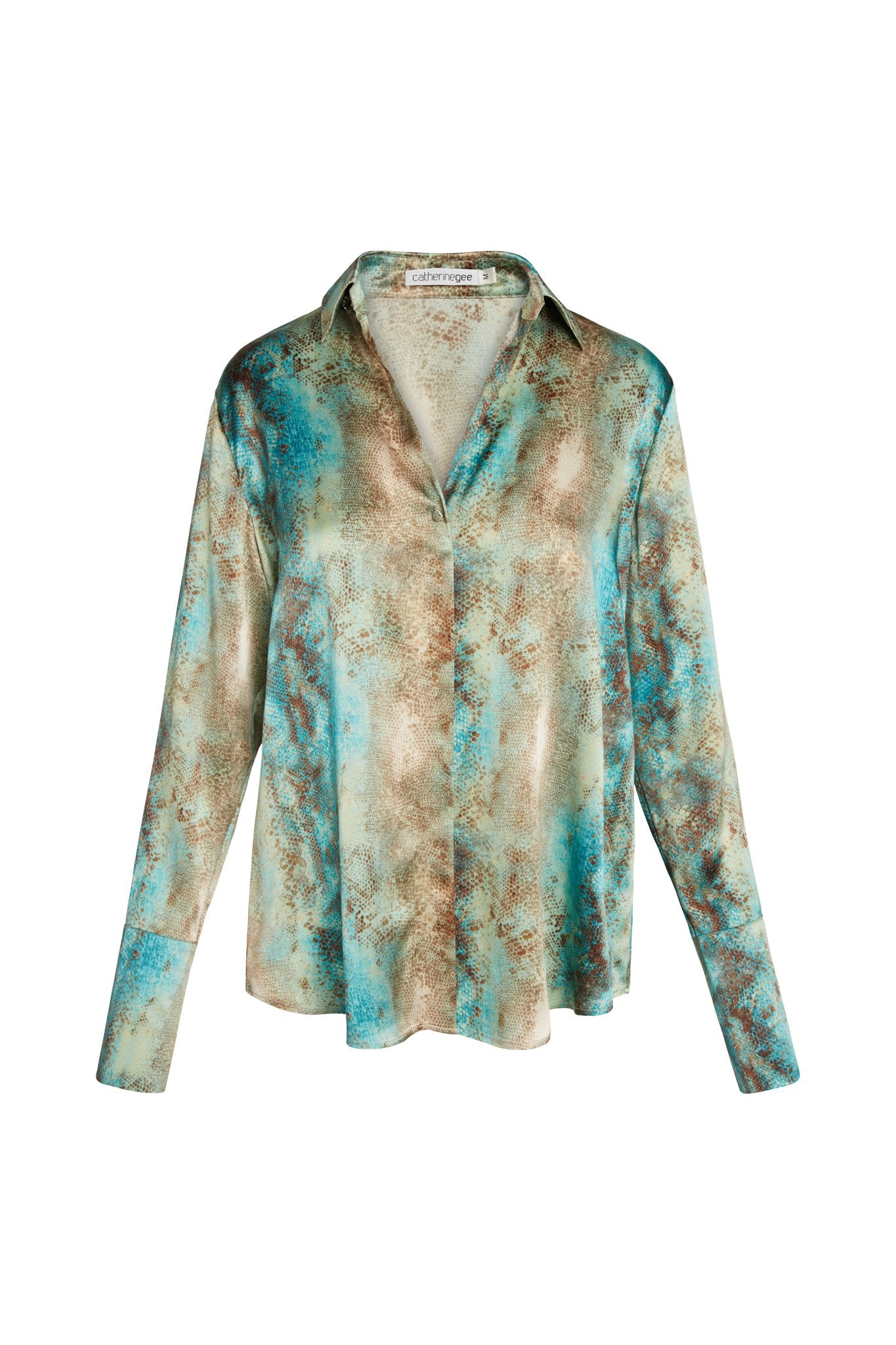 Catherine Gee Daria French Cuff Silk Blouse - Aqua Snake pattern. The blouse features a blend of aqua, brown, and beige colors with a snake-like print. It has a classic collar, long sleeves with French cuffs, and a relaxed fit.