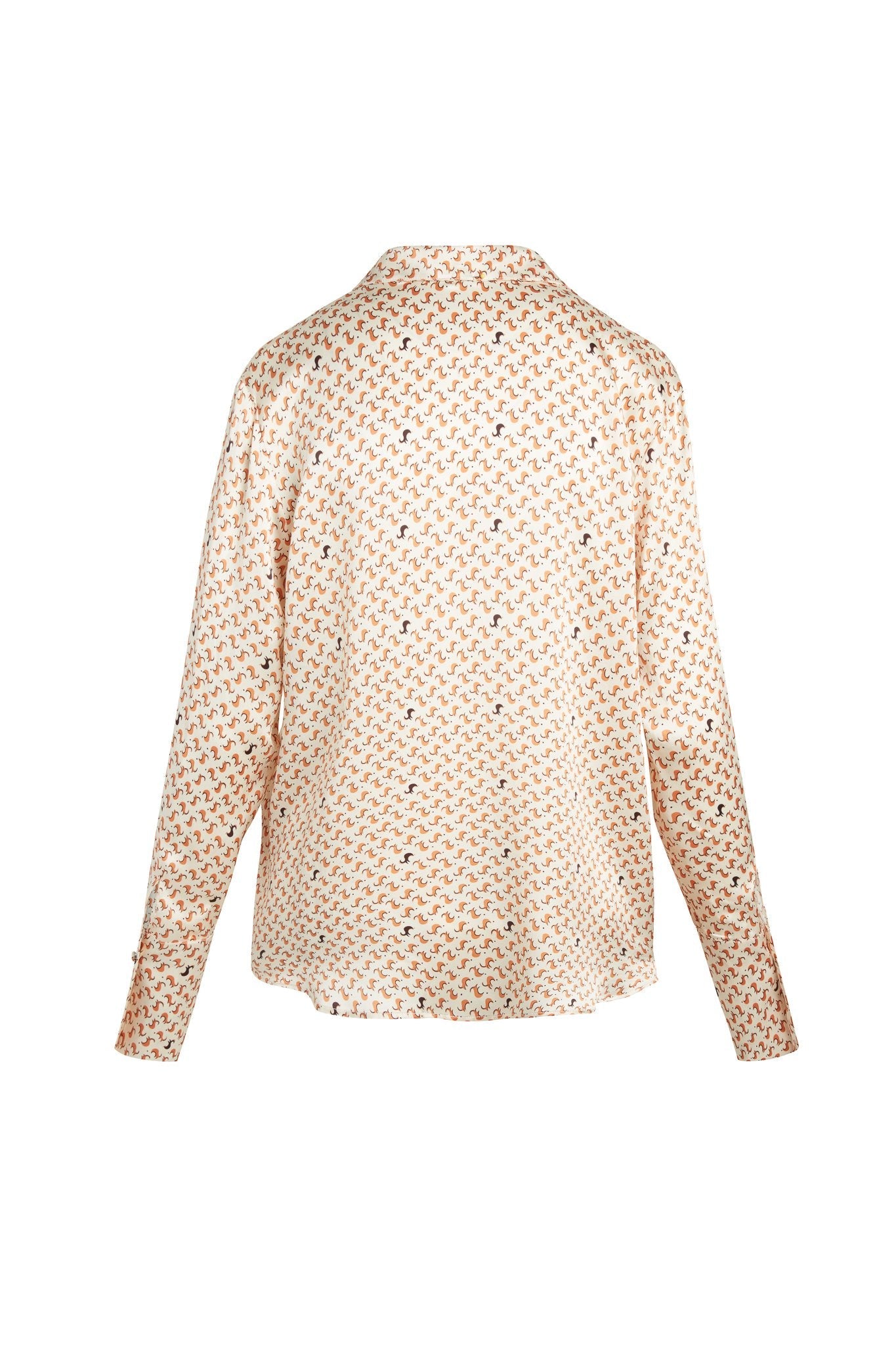 Back-view of Catherine Gee Daria French Cuff Silk-Lexi Print blouse features a light-colored fabric with a small, repeating pattern in shades of orange and blue accents, long sleeves, and a relaxed fit.