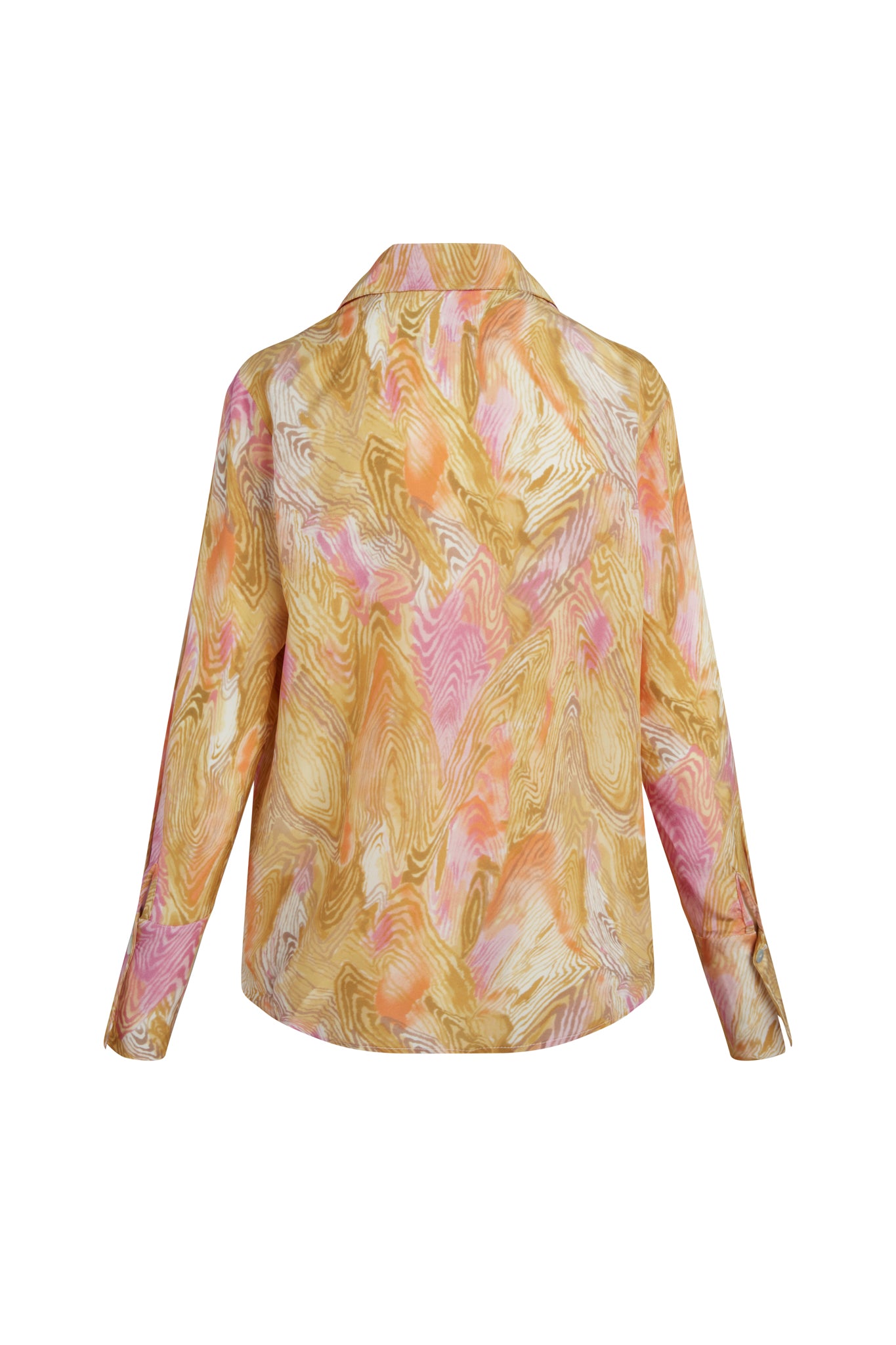 Back-view of a Catherine Gee Daria French Cuff Silk Topo Print blouse features a vibrant, abstract topo print with a mix of colors including pink, yellow, and beige. It has long sleeves with French cuffs and a classic collar. The fabric appears to be lightweight and silky, giving it a luxurious and elegant look. This blouse is interesting for its unique and eye-catching print, making it a standout piece in any wardrobe.