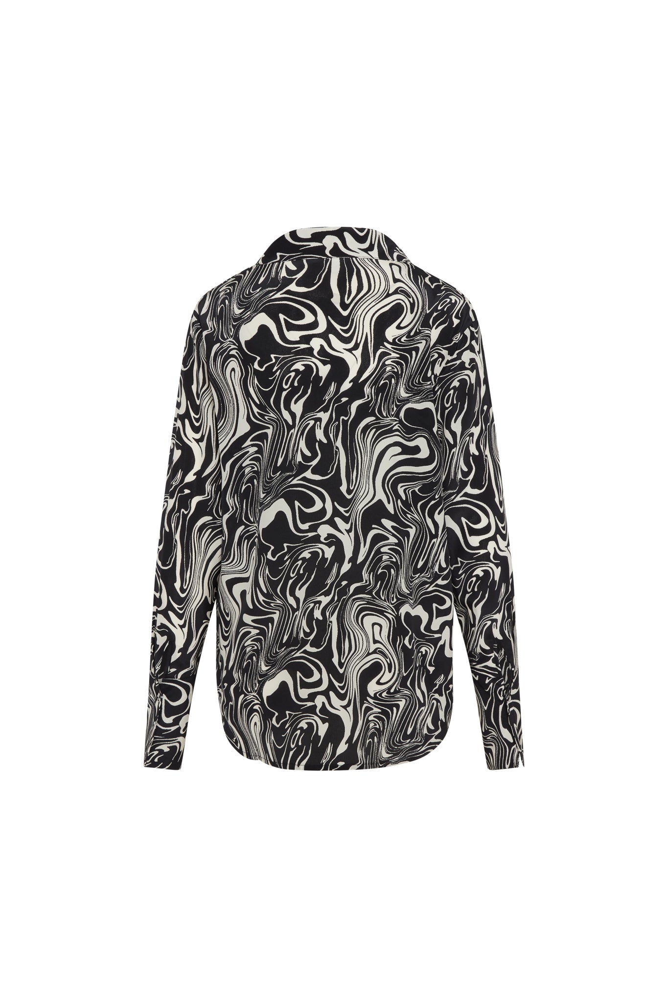 Back view of a Catherine Gee Daria French Cuff Silk Blouse in a Dali pattern. The blouse features a black and white abstract swirl design, long sleeves, and a relaxed fit.