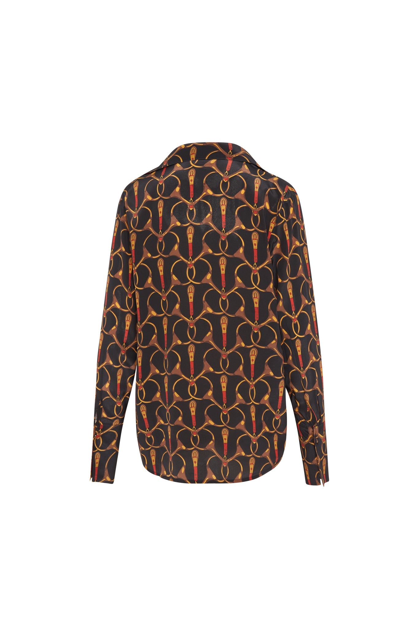 Back-view of a Catherine Gee Daria French Cuff Silk - Buenos Aires Blouse features a black background with an intricate pattern of interlocking gold and red chains. The design is symmetrical and covers the entire fabric, including the long sleeves and collar.