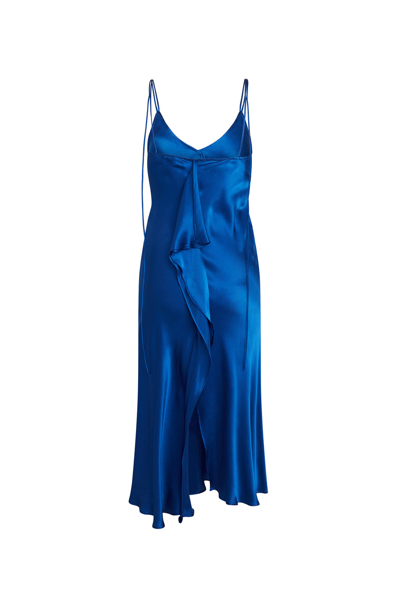 Emma Silk Ruffle Dress in Mykonos Blue | CG DESIGN, LLC..
