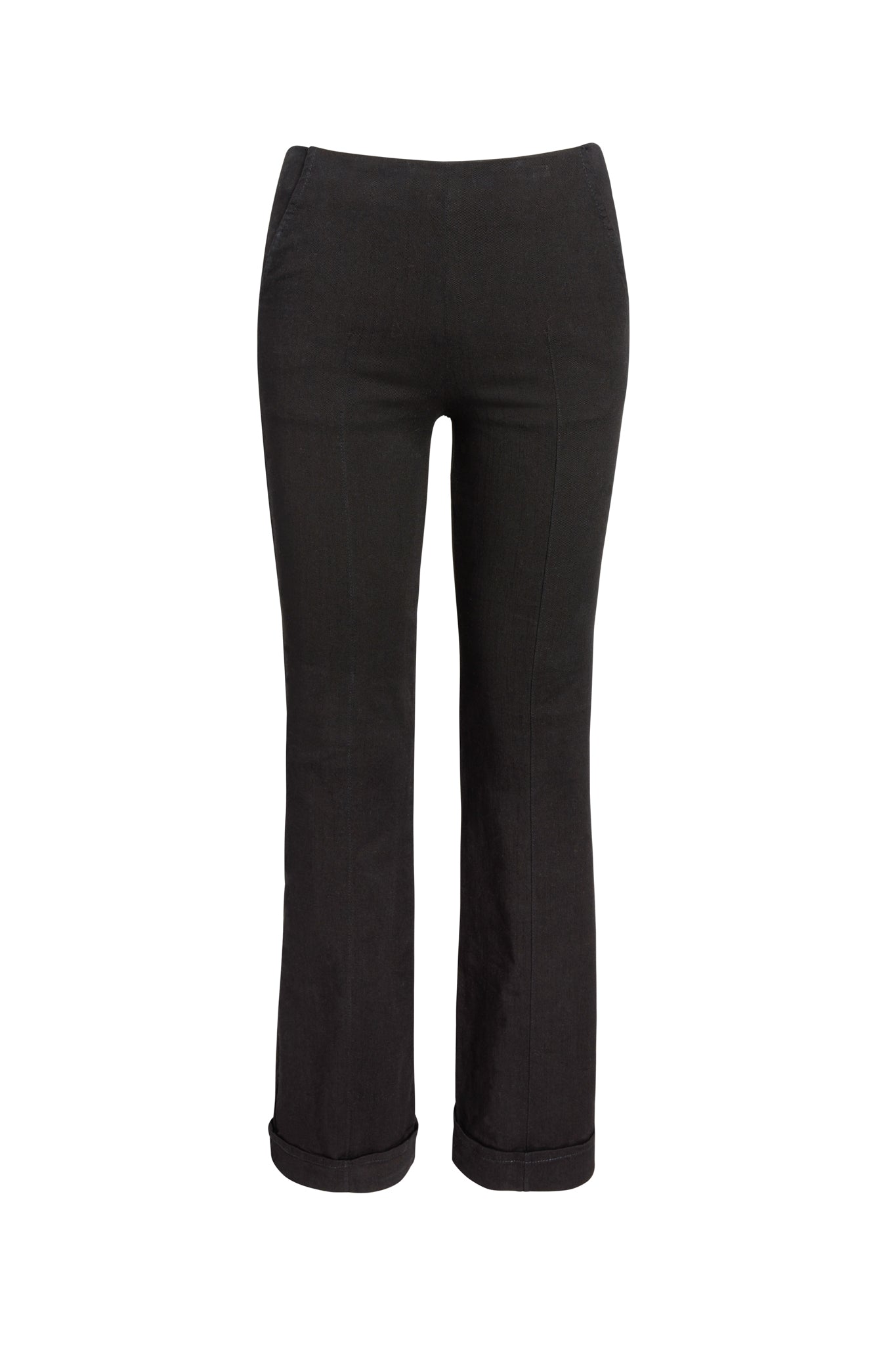 Catherine Gee Emma Tailored Black Twill Denim Trousers. These high-waisted trousers feature a flattering silhouette with a fitted design through the hips and thighs, flaring slightly at the bottom. Made from sturdy twill denim, they offer both structure and comfort. The neatly cuffed hems add a touch of sophistication, making these trousers a versatile and stylish addition to any wardrobe.