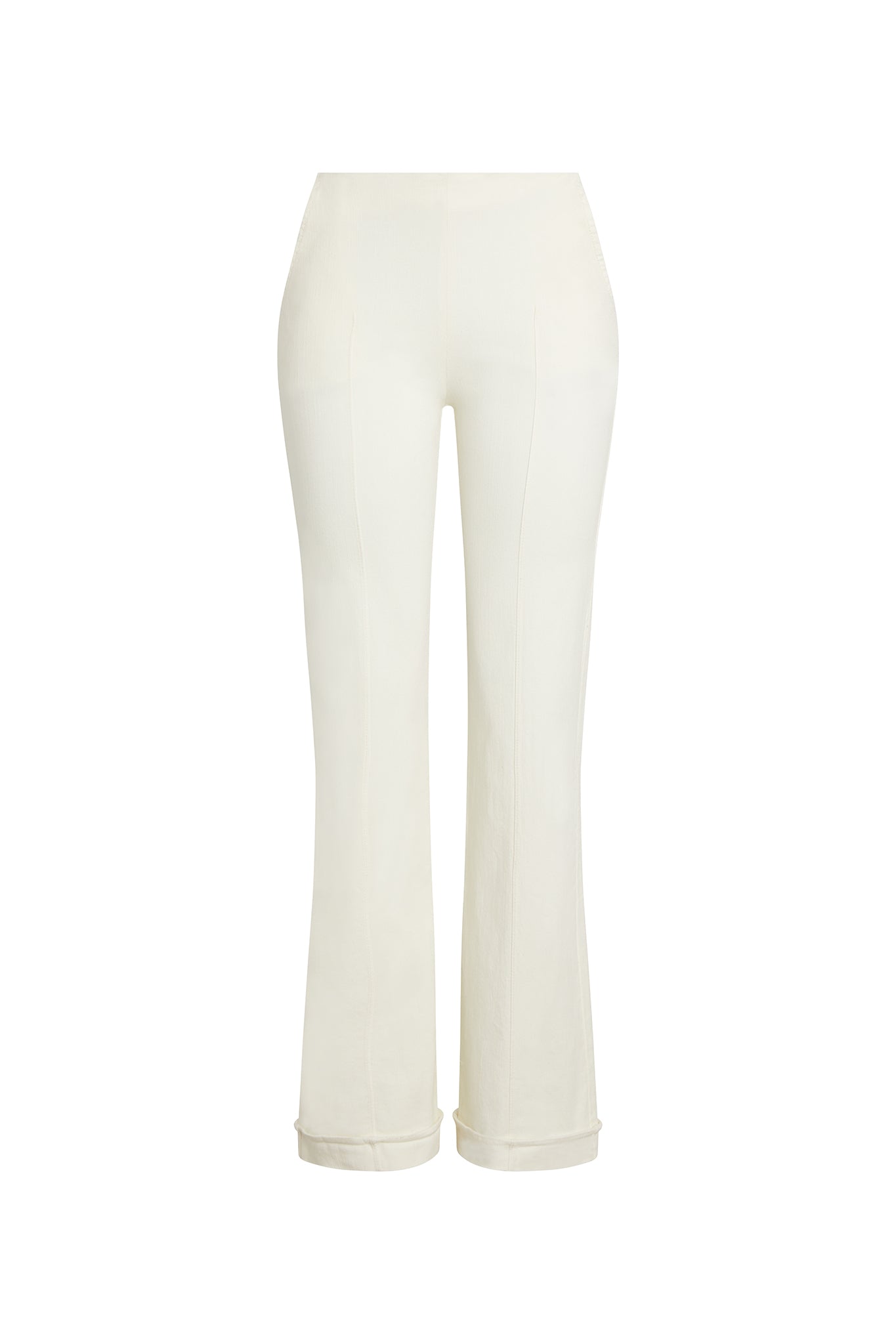 Catherine Gee Emma Ivory Twill Denim Trouser. These high-waisted trousers feature a sleek, tailored fit that flares slightly at the hem. The ivory twill denim fabric provides a sophisticated and versatile look, suitable for both casual and formal occasions. The minimalist design, free from visible pockets or embellishments, emphasizes a clean and polished silhouette. Perfectly paired with a blouse or sweater for a chic ensemble.