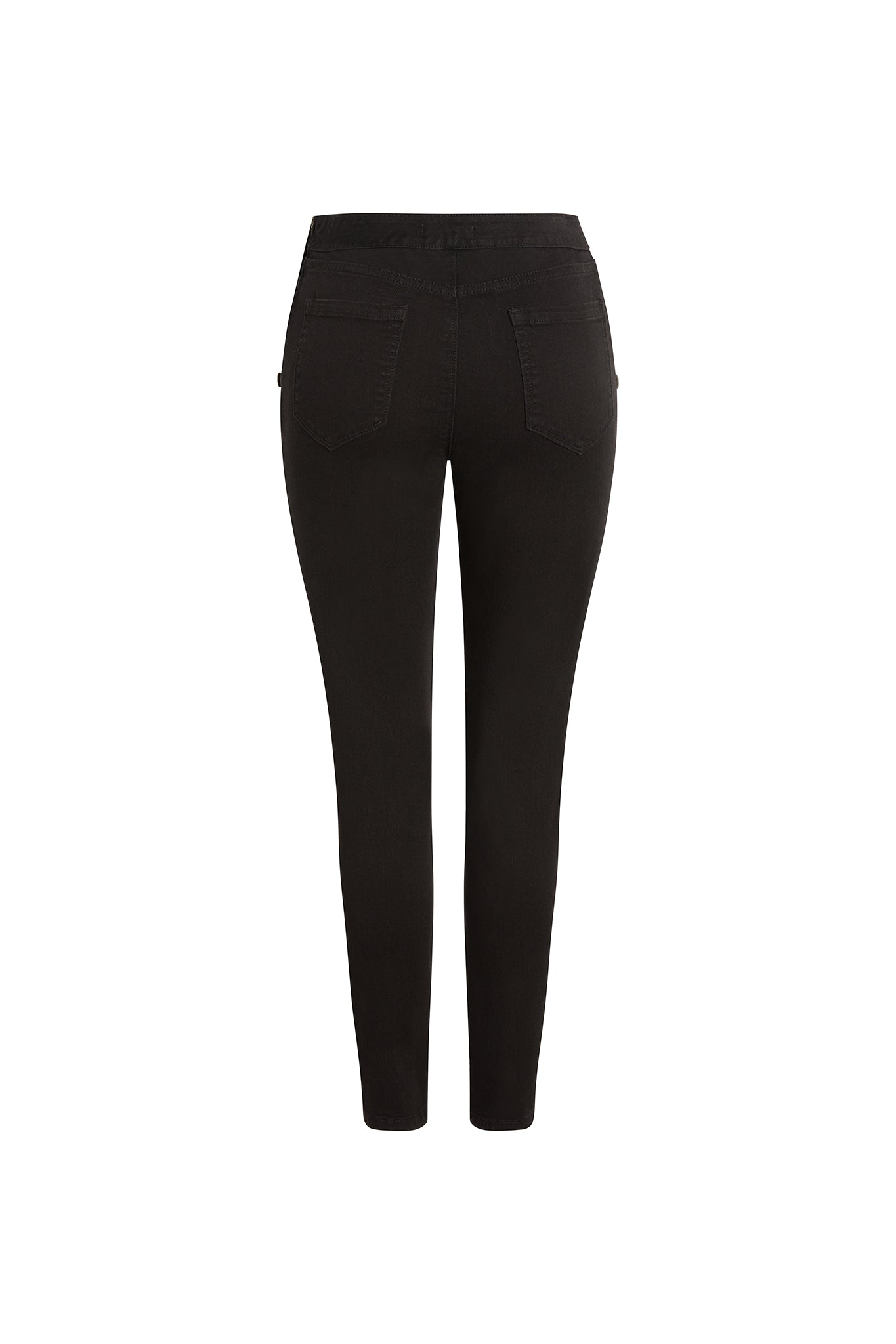 Back-view of Catherine Gee Josephine Nautical Skinny Pants. These black pants feature two back pockets and a sleek, form-fitting design that emphasizes a skinny silhouette. Made from a stretchy material, they provide both comfort and style. The nautical theme is subtle, making these pants versatile for various occasions. The overall look is elegant and suitable for both casual and semi-formal wear.