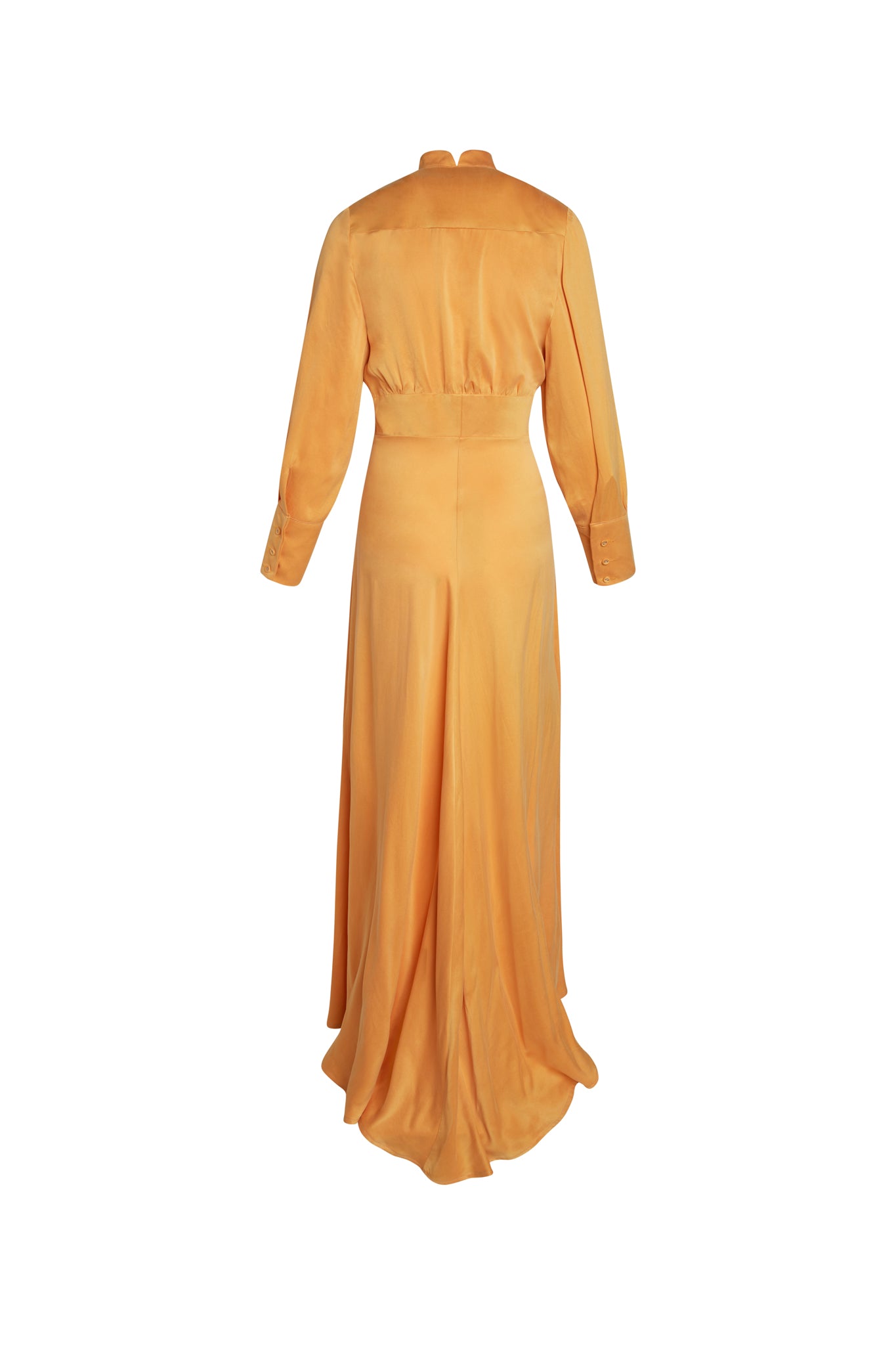 Back-view of a Catherine Gee Electric Flou High-Slit Long dress is a vibrant Tangerine color with a high neckline and long sleeves feature a fitted waist that accentuates the figure and flows into a long, elegant skirt with a high slit, adding a touch of sophistication and allure. The fabric appears to be lightweight and silky, giving the dress a luxurious and fluid appearance.
