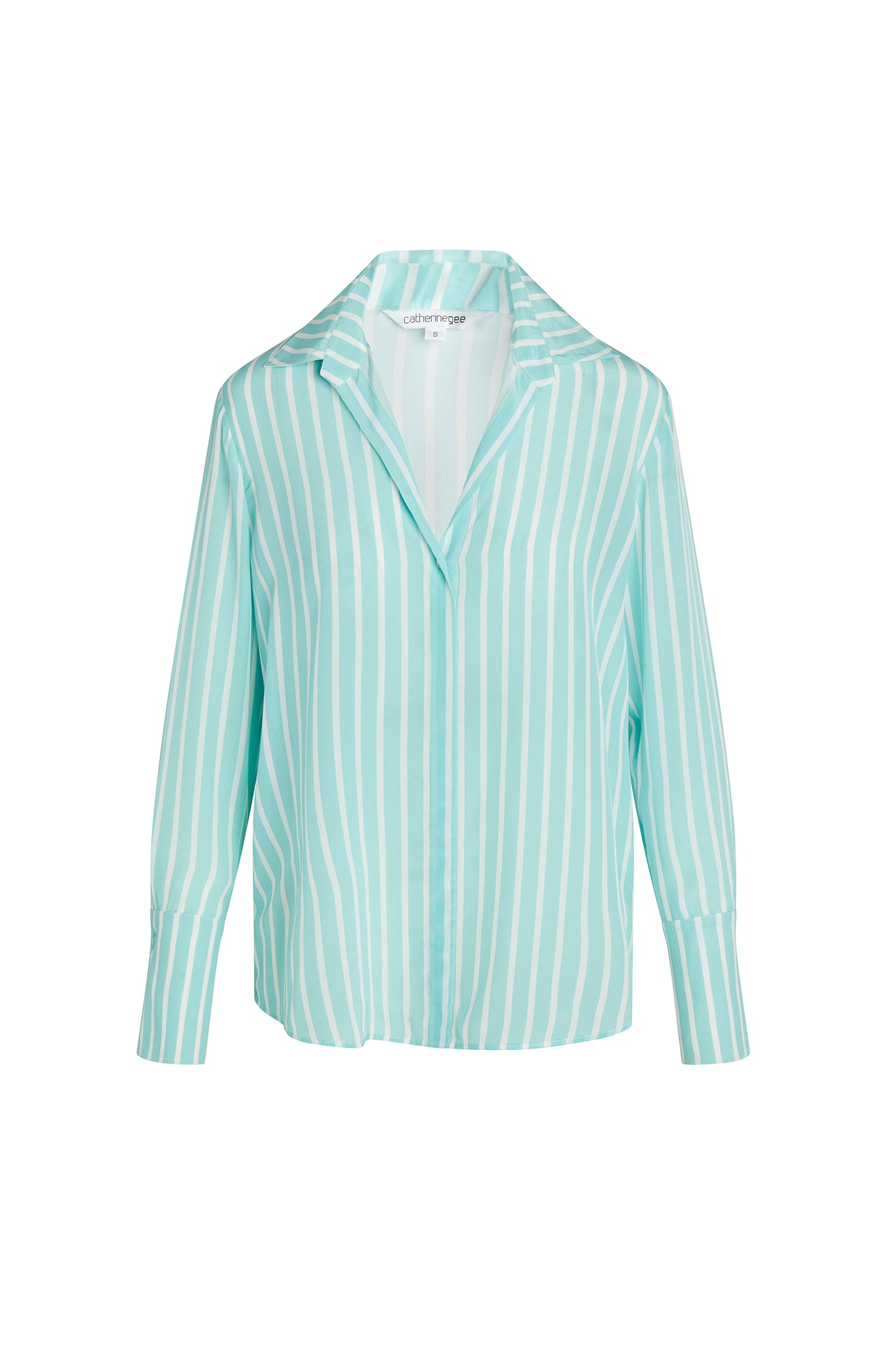 Catherine Gee Daria French Cuff Silk Mint Green Stripe blouse features vertical white stripes on a mint green background, a classic collar, and long sleeves with French cuffs. The fabric appears to be lightweight and silky, giving it a smooth and elegant look.