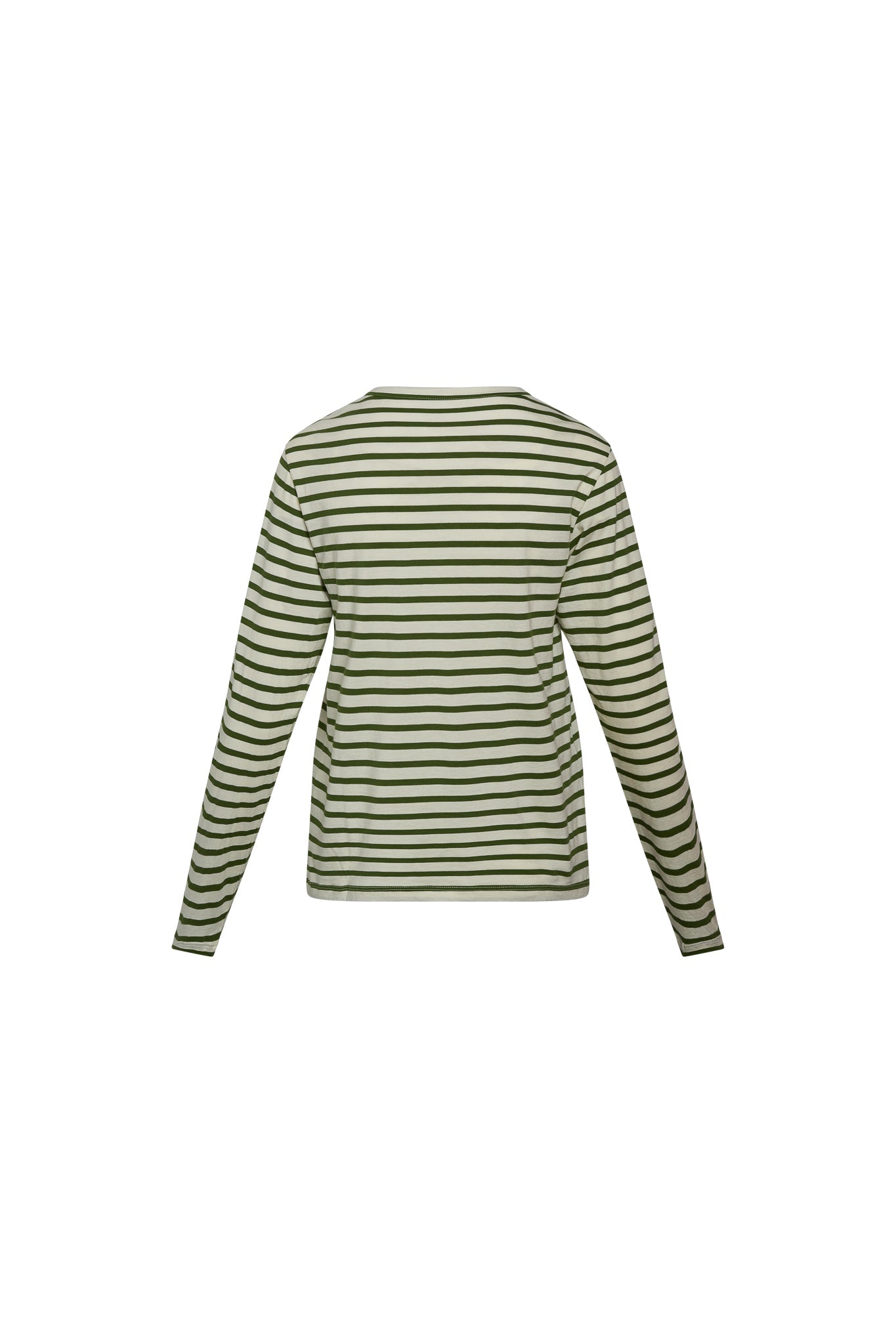Back-view of a Catherine Gee Jen Relaxed Longsleeve - Green Stripe Tee. The shirt features a pattern of horizontal green and white stripes. It has long sleeves and a relaxed fit, providing a casual and comfortable look. The stripes are evenly spaced, and the shirt appears to be made of a soft, lightweight fabric, making it suitable for everyday wear.
