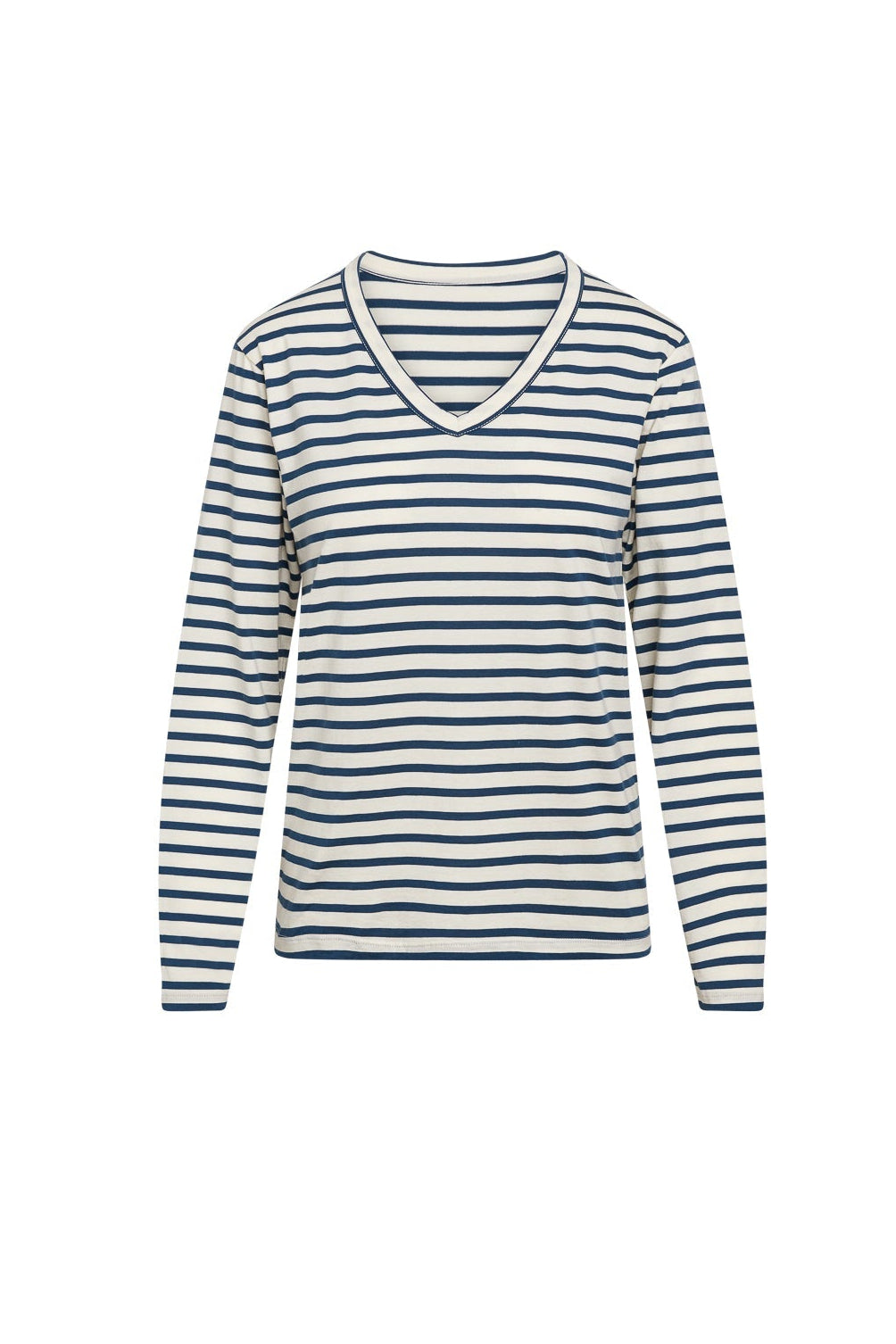 Catherine Gee Jen Relaxed Longsleeve - Navy Stripe Tee. This long-sleeve shirt features a classic navy and white horizontal stripe pattern. It has a relaxed fit with a V-neckline and long sleeves, making it a versatile and comfortable piece suitable for casual wear. The navy stripes are evenly spaced on a white background, giving it a timeless and nautical look.
