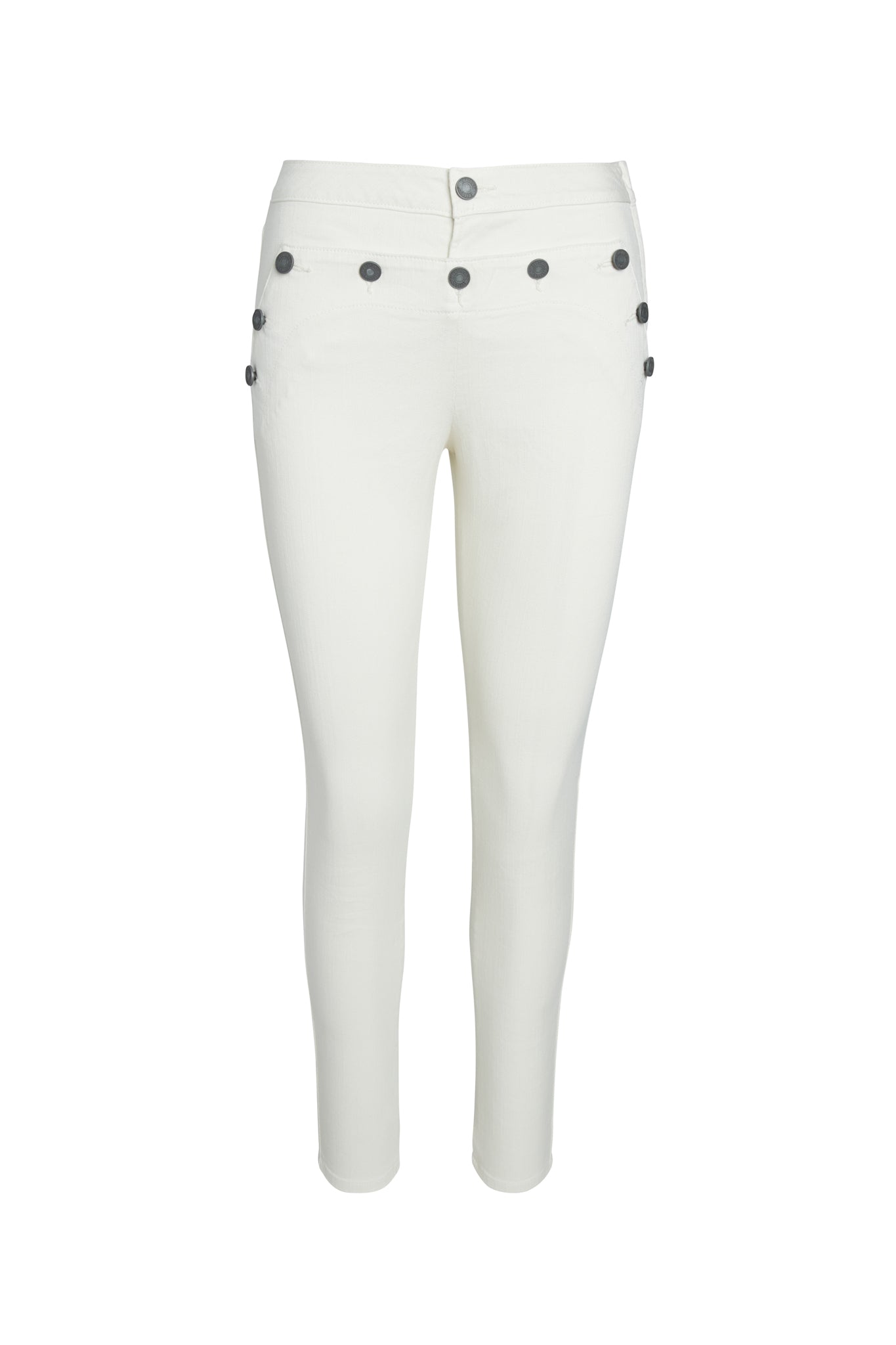 Catherine Gee Josephine Nautical Skinny Pant. These pants are Ivory/white and feature a high-waisted design with a skinny fit. They have a nautical theme, highlighted by the presence of multiple dark buttons arranged in two parallel rows along the front pockets and sides, giving a sailor-inspired look. The pants are sleek and stylish, suitable for a chic and sophisticated outfit.