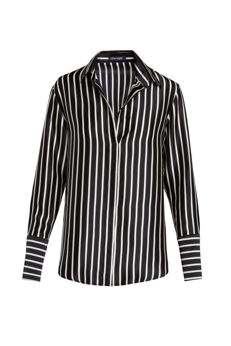 Daria French Cuff Silk Blouse in Black & White Stripe | CG DESIGN, LLC..