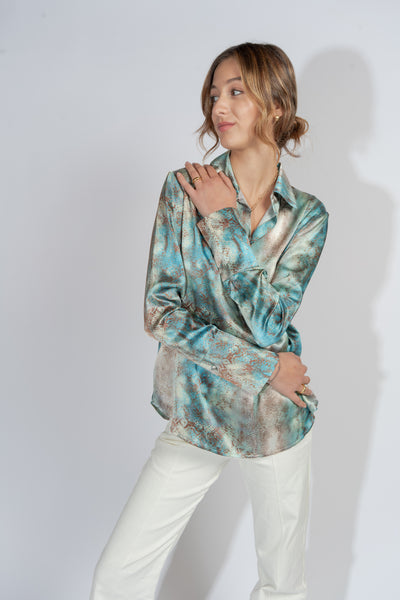 Daria French Cuff Silk Blouse - Aqua Snake