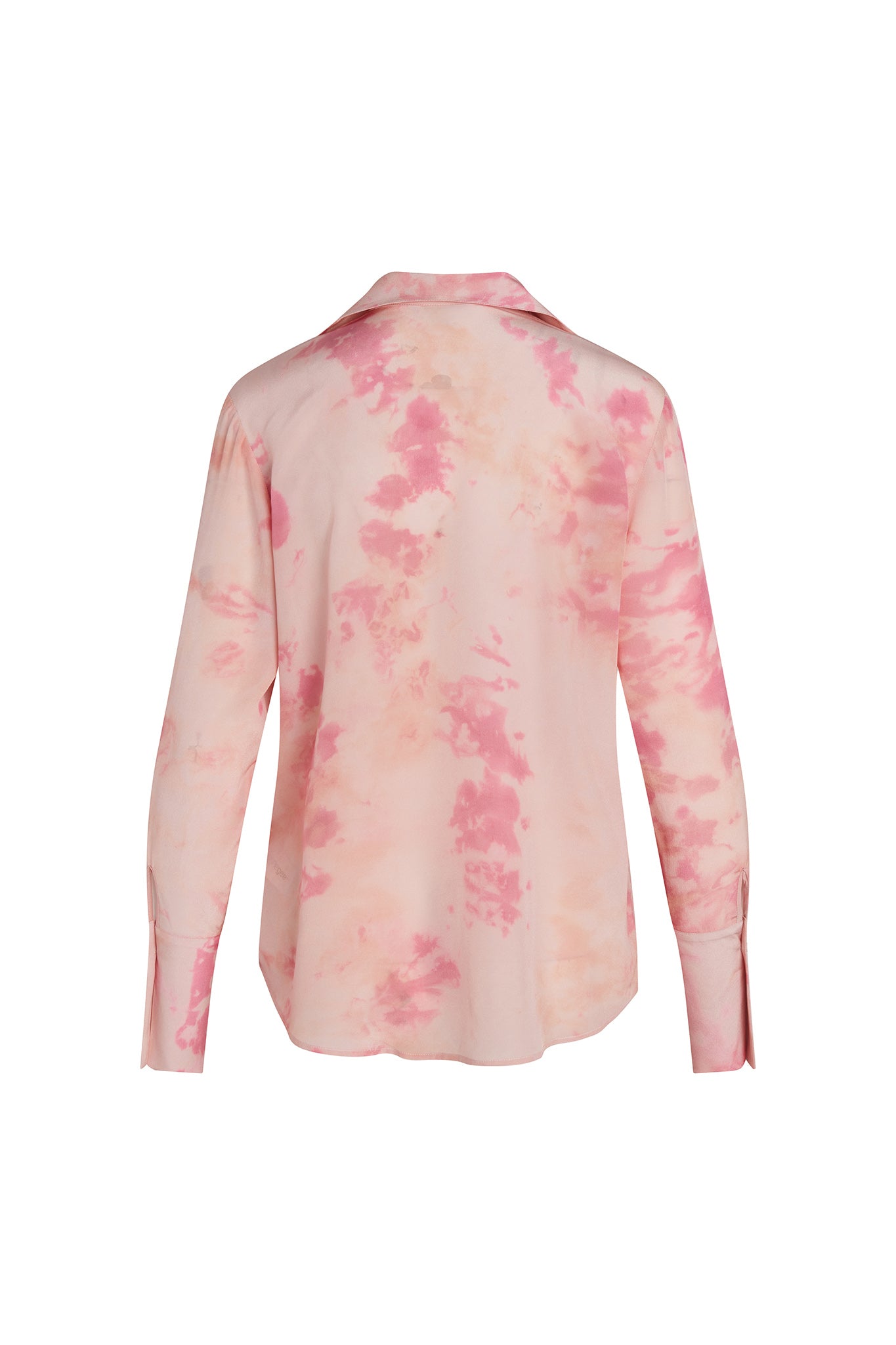 Back-view of a Catherine Gee Daria French Cuff Silk Pink Ink blouse features an ink-like pattern with shades of pink. It has long sleeves with French cuffs and a classic collar. The fabric appears to be lightweight and silky, giving it a smooth and elegant appearance, and adds a unique and artistic touch to the blouse, making it a stylish and fashionable piece.